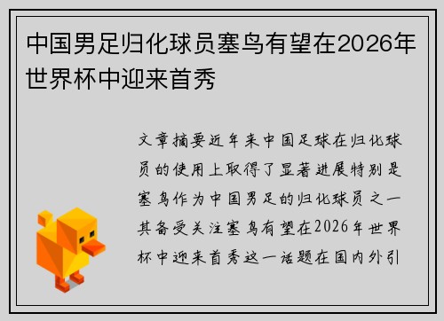 中国男足归化球员塞鸟有望在2026年世界杯中迎来首秀
