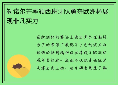 勒诺尔芒率领西班牙队勇夺欧洲杯展现非凡实力