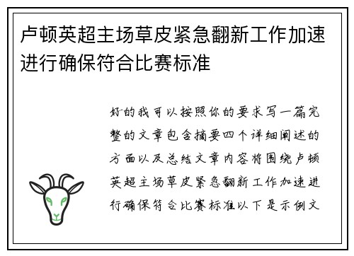 卢顿英超主场草皮紧急翻新工作加速进行确保符合比赛标准